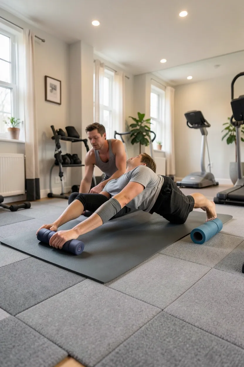 Charcoal gray carpet tiles creating a cozy stretching zone in a small apartment workout space