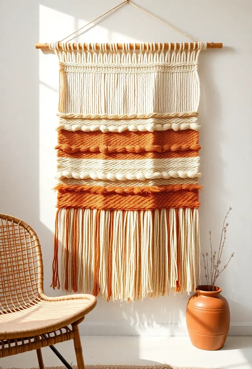 large handwoven textile wall hanging in cream and terracotta tones on a white wall