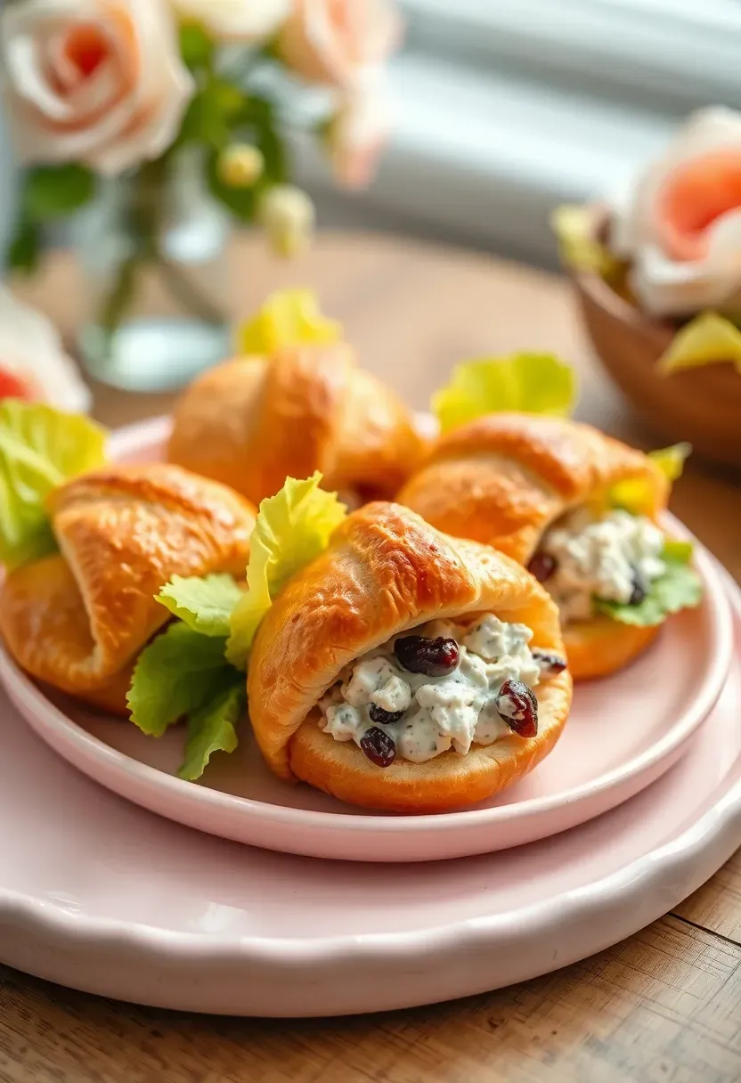 mini chicken salad croissants with lettuce on a pastel serving platter decorated for a baby shower