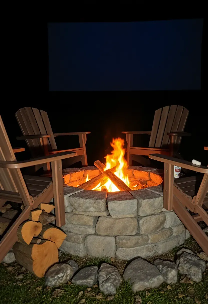 A stone fire pit with low flames surrounded by Adirondack chairs in a backyard, with a movie screen glowing in the background