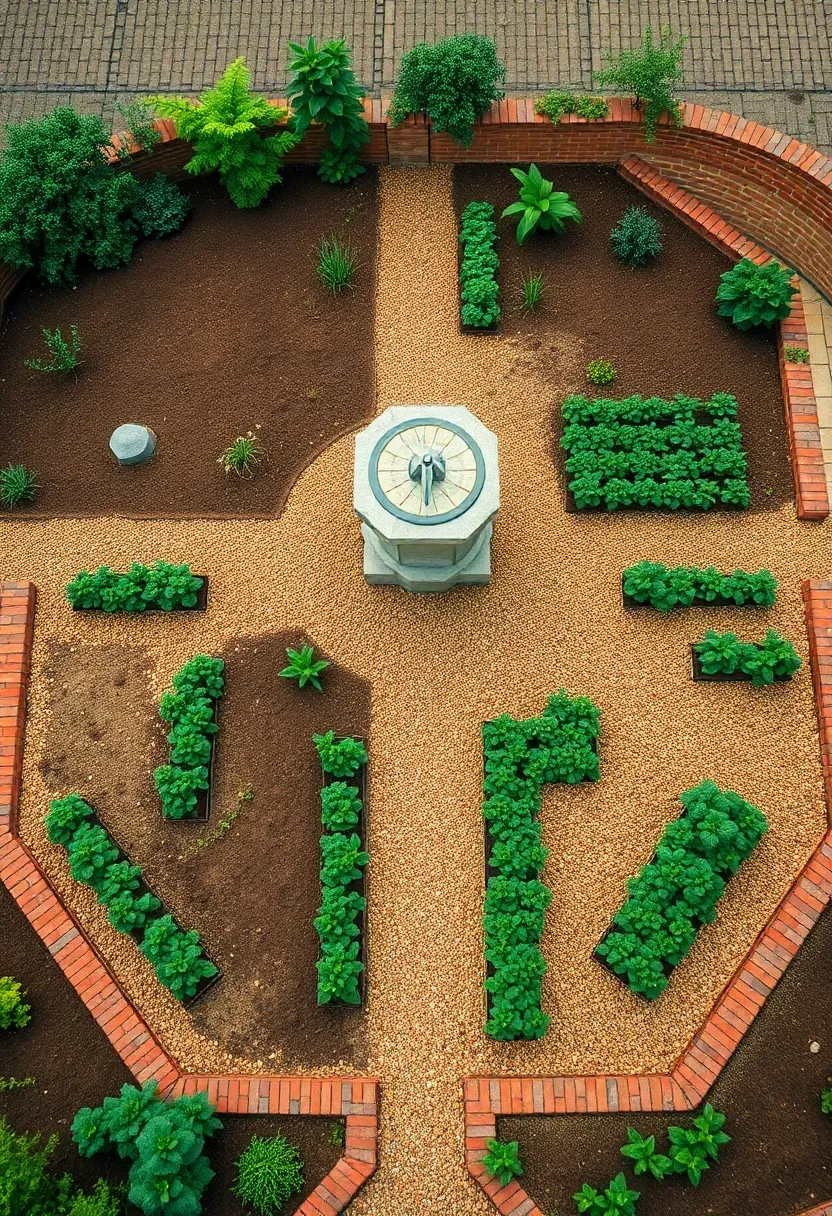 Formal four-quadrant kitchen garden with brick-edged beds separated by crossed gravel paths and a central sundial, planted with organized rows of vegetables and culinary herbs