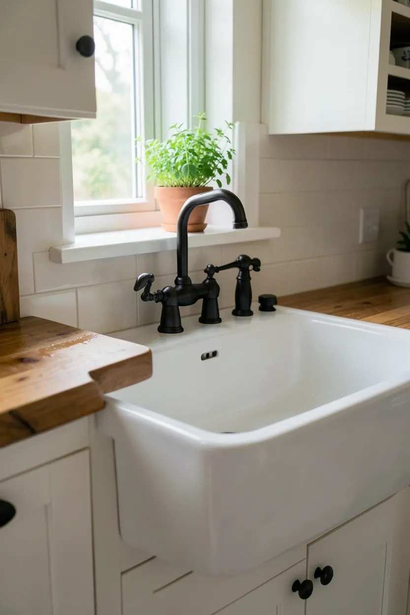 Hyper-realistic slightly elevated perspective of a white porcelain farmhouse sink with vintage-style bridge faucet in black finish. Warm wood butcher block counter on left, white shaker cabinets extending around. Water droplets visible in sink basin, slightly damp area around faucet from recent use. Small potted herb on windowsill behind. Creamy white subway tile backsplash with white grout. Natural daylight from window above sink, soft shadows. Materials: porcelain, oil-rubbed bronze, walnut wood, ceramic tile. Rustic welcoming mood. Visible kitchen context - lower cabinets visible, open shelving on right. No text, no logos, no watermarks.</p>