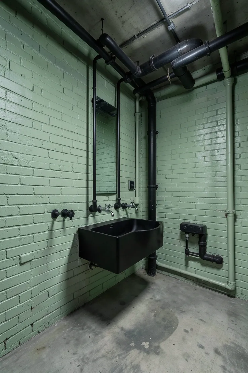 Industrial sage green bathroom with exposed pipes, matte black fixtures, concrete floor, and cage pendant light
