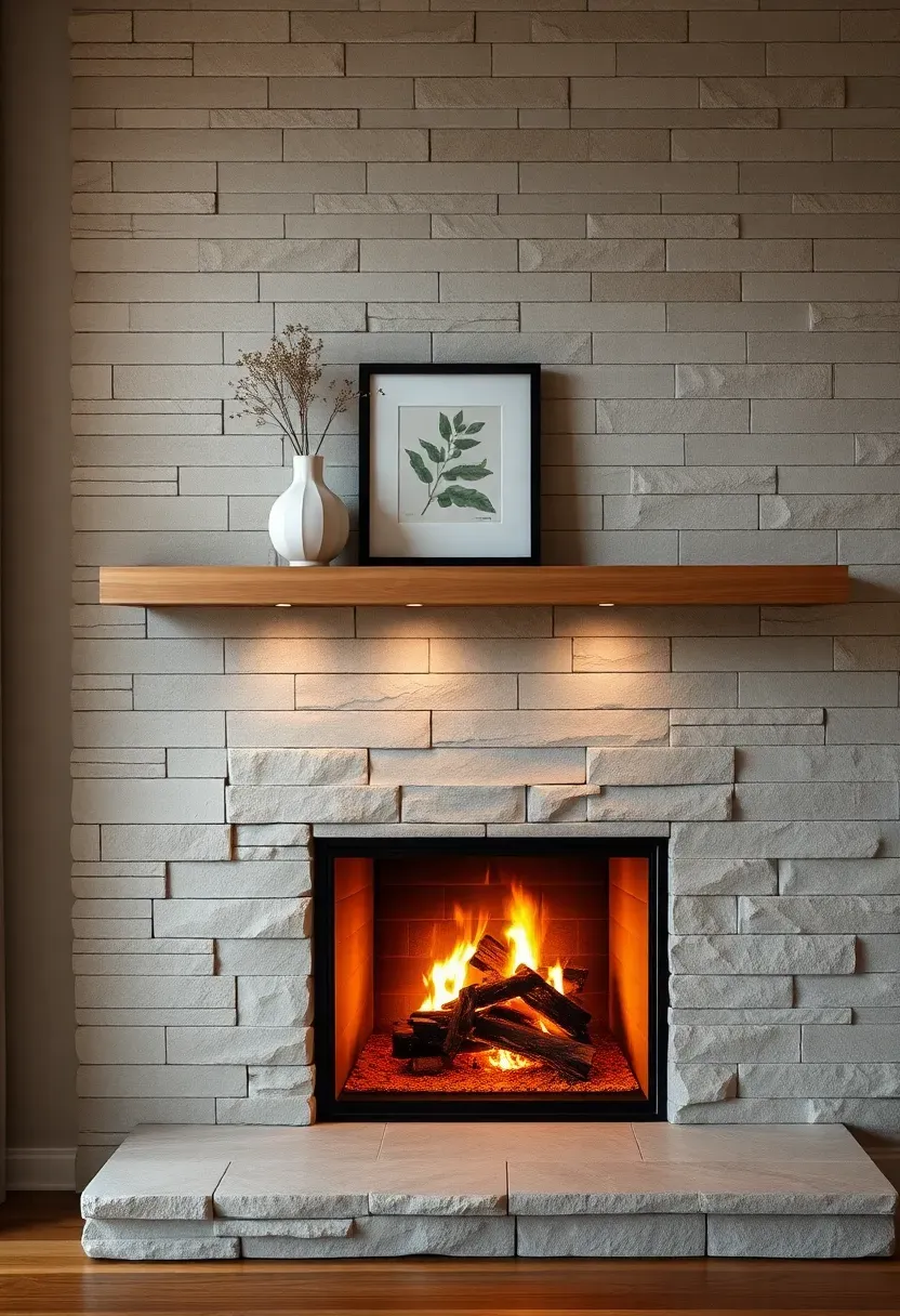Fireplace accent wall clad in stacked natural limestone ledger panels with a floating oak mantle and minimal decor