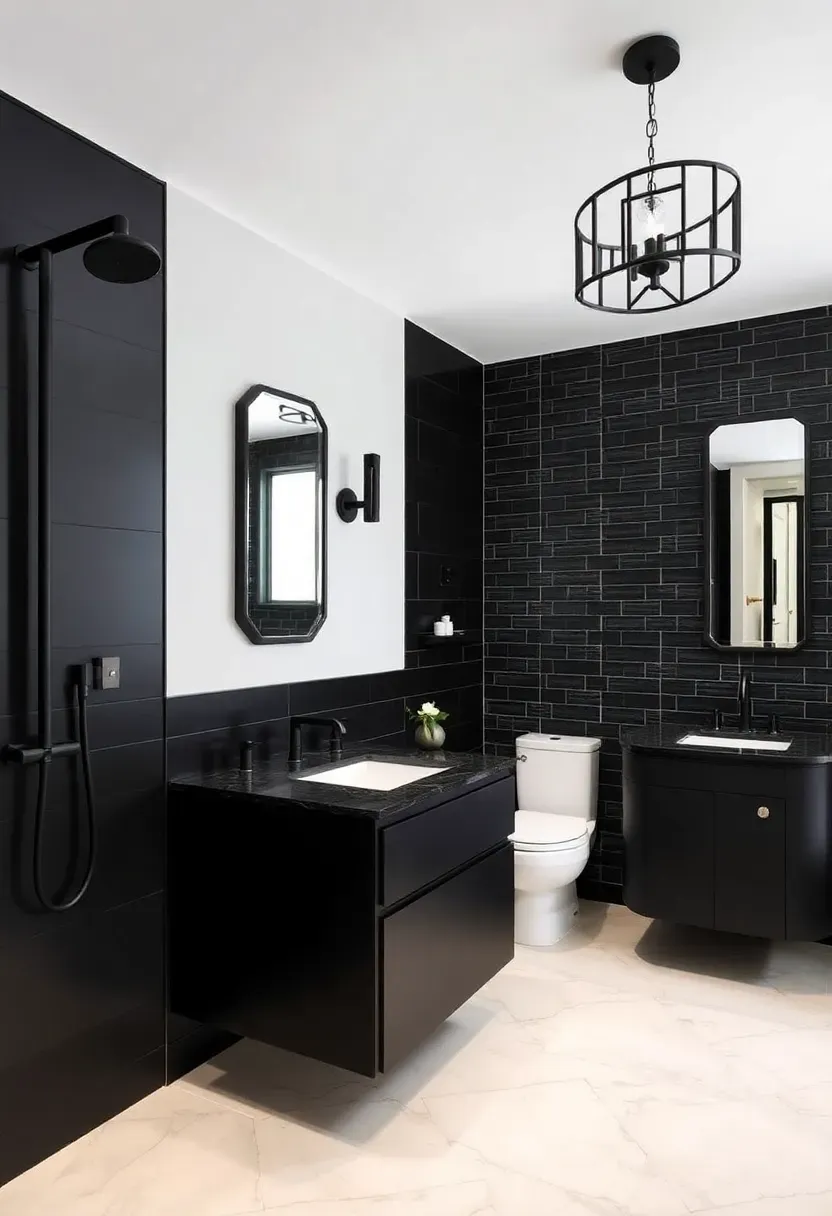 Matte black faucet and fixtures against white marble tiles in a dramatic modern small bathroom design