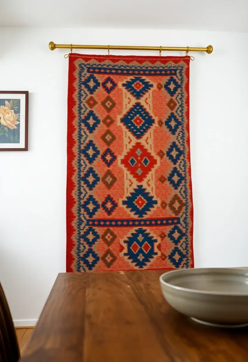 Vibrant vintage kilim rug hung as wall art on a brass rod in a bohemian dining room with warm earthy tones and layered textures