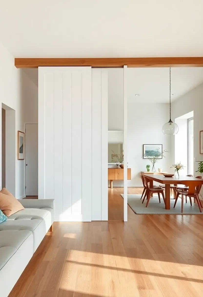 Hyper-realistic view of open-plan living area with white sliding wood panel partition partially separating living from dining, panels slide on hidden track, white walls both sides, minimal furniture. Materials: white painted wood panels, white walls, oak floor. Natural light, flexible organized mood. Sliding partition as room divider, shallow depth of field, no text, no logos.</p>