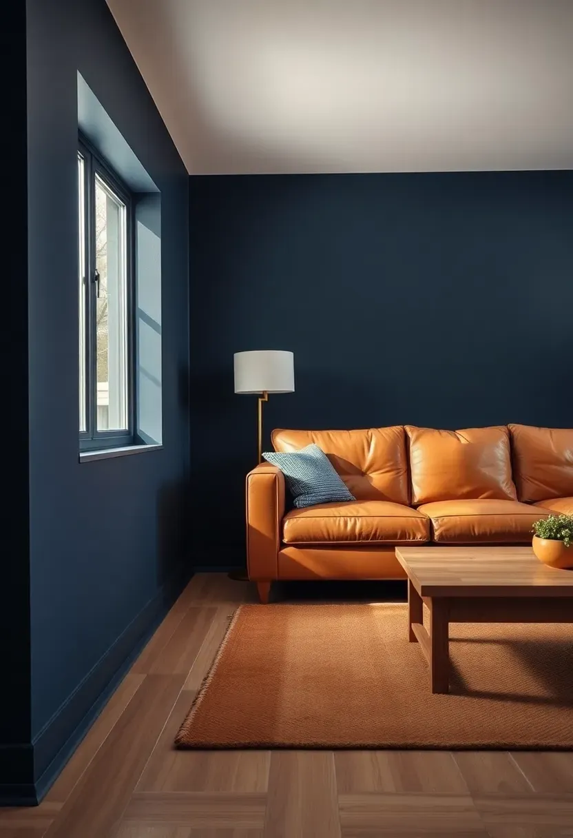 Hyper-realistic wide shot of minimalist living room with navy blue walls, tan leather sofa, camel tan area rug, light oak coffee table, white ceiling. Materials: matte navy blue paint, tan leather sofa upholstery, camel wool rug, light oak wood, brass lamp. Warm natural daylight, rich color interplay between navy, tan, and oak, sophisticated and inviting atmosphere. Sharp details on leather texture and wood grain, clean composition, no clutter, no text, no logos.</p>