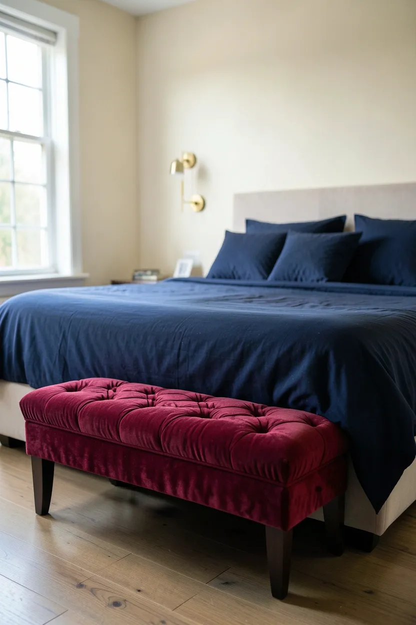 Hyper-realistic eye-level photograph of a maximalist bedroom showing a tufted velvet bench in vibrant ruby red at the foot of a bed with navy duvet. The bench features diamond tufting and dark wood legs. Morning light filters through window, illuminating the velvet texture and rich ruby color. Materials: velvet ruby bench with tufting, dark wood legs, navy duvet on bed, cream walls, brass light fixtures. Natural light highlighting velvet texture and color depth. Coherent mood: luxurious and colorful maximalist bedroom with statement seating piece. Shallow depth of field, sharp details on velvet tufting and texture, balanced composition showing bed and room context. No text, no logos, no watermarks.</p>