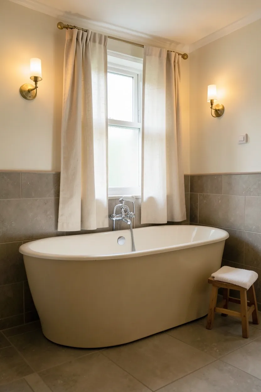 Hyper-realistic 3/4 view of a bathroom featuring freestanding bathtub in warm tones. Oval freestanding tub in warm cream cast iron positioned as central focal point. Floor visible beneath tub creates sense of spaciousness. Window above tub provides natural light with soft diffused curtains in cream linen. Walls in pale cream with warm gray large format tiles. Warm ambient lighting from brass wall sconces. Small wooden stool with towel sits beside tub. No text, no logos, no watermarks.</p>
