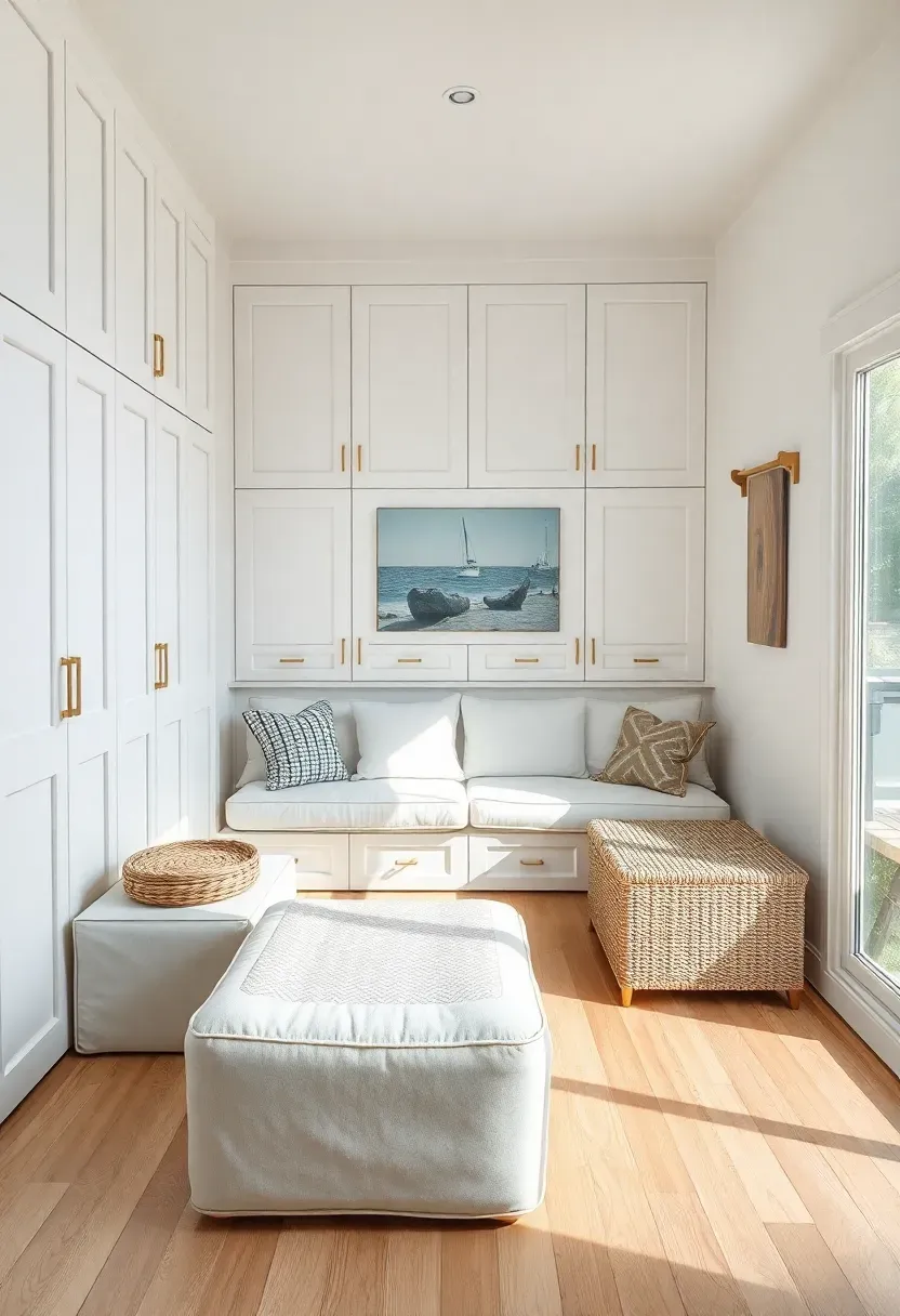 Hyper-realistic 3/4 view of tiny house living room with floor-to-ceiling built-in white storage wall, showing minimal clutter-free surfaces, storage with push-latch doors (no visible hardware), sofa with hidden storage, coffee table as storage ottoman, clear floor space visible, light oak flooring, large window. Materials: white floor-to-ceiling storage, light oak floor, white sofa with hidden storage, woven ottoman, brass accents. Bright natural light, soft shadows, minimalist composition emphasizing clear surfaces.</p>