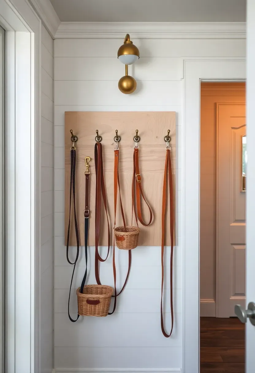 Hyper-realistic 3/4 view of tiny house entrance wall with vertical leash storage system, showing wall-mounted oak pegboard with stained leather leashes, matching hooks for harnesses, small basket for waste bags and treats, coat hooks above for human gear, architectural molding framing the installation. Materials: white oak pegboard, leather leashes in brown and tan, brass hooks, woven rattan basket, white walls with shiplap detail. Warm ambient light from nearby fixture, soft shadows, visible door frame in background. Shallow depth of field on storage system.</p>