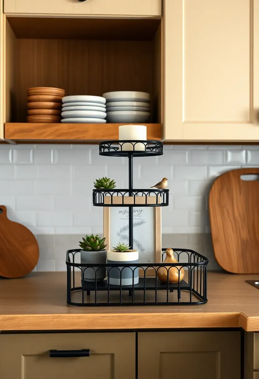 Black metal tiered tray styled with candle and small plant on top of white kitchen cabinets — renter-friendly above cabinet display