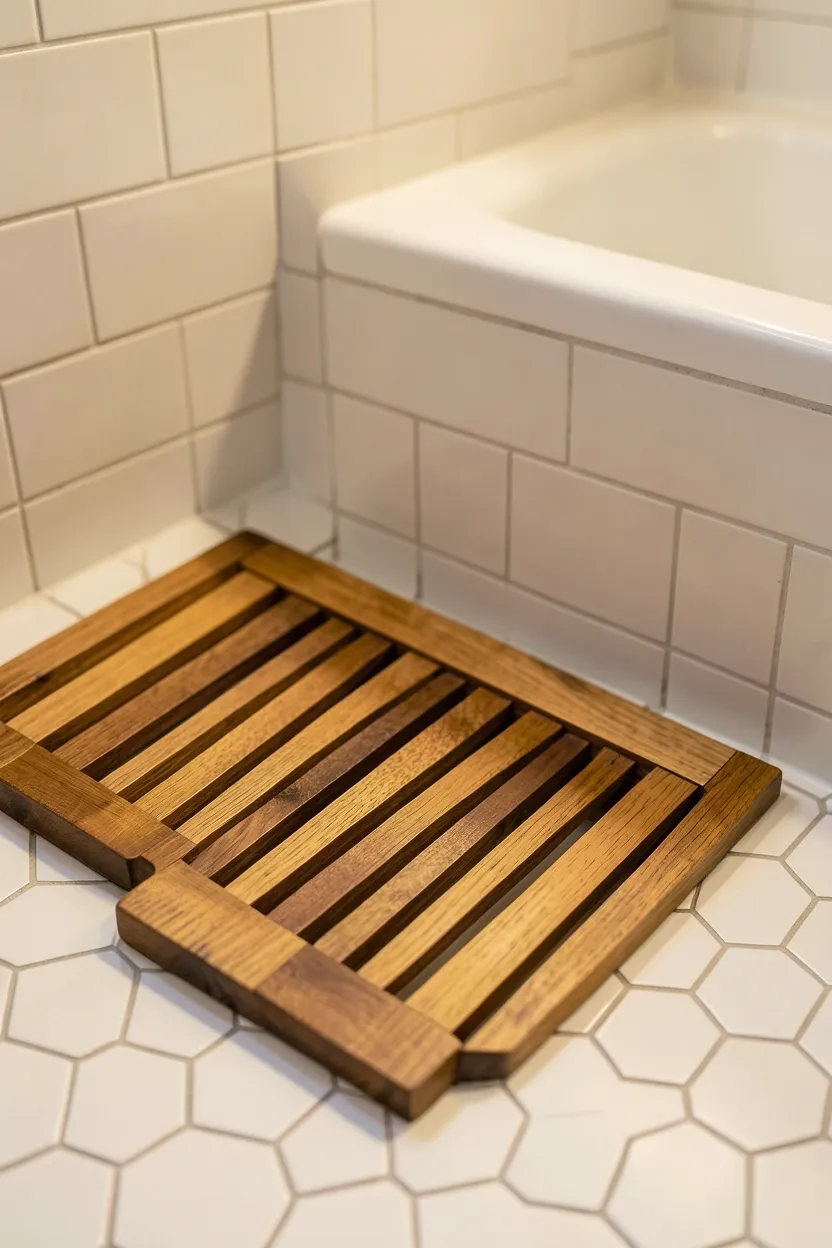 Cedar wood wall paneling in warm reddish-brown tones as an accent wall behind a white vanity in an apartment bathroom