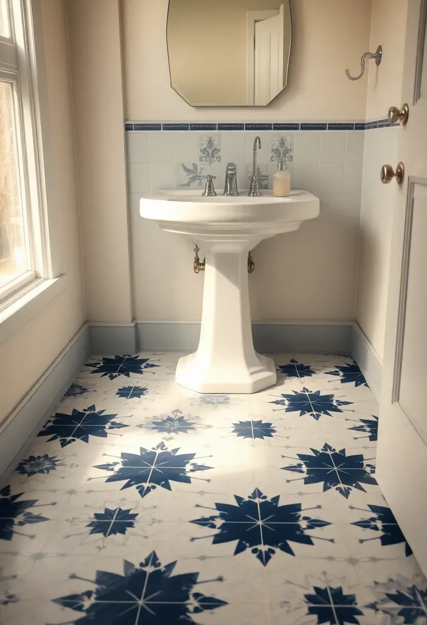 Patterned vinyl sheet flooring with a navy and white tile-look print in a small bathroom with pedestal sink