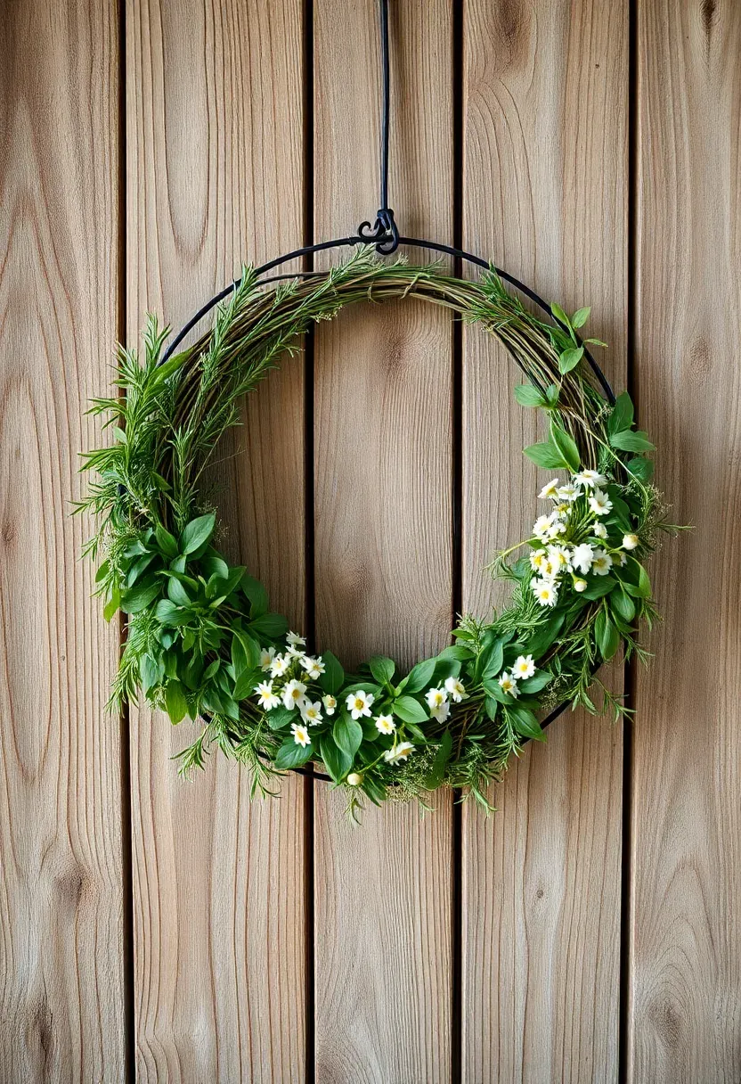 fresh green herb Easter wreath with rosemary thyme and small white flowers on a rustic door