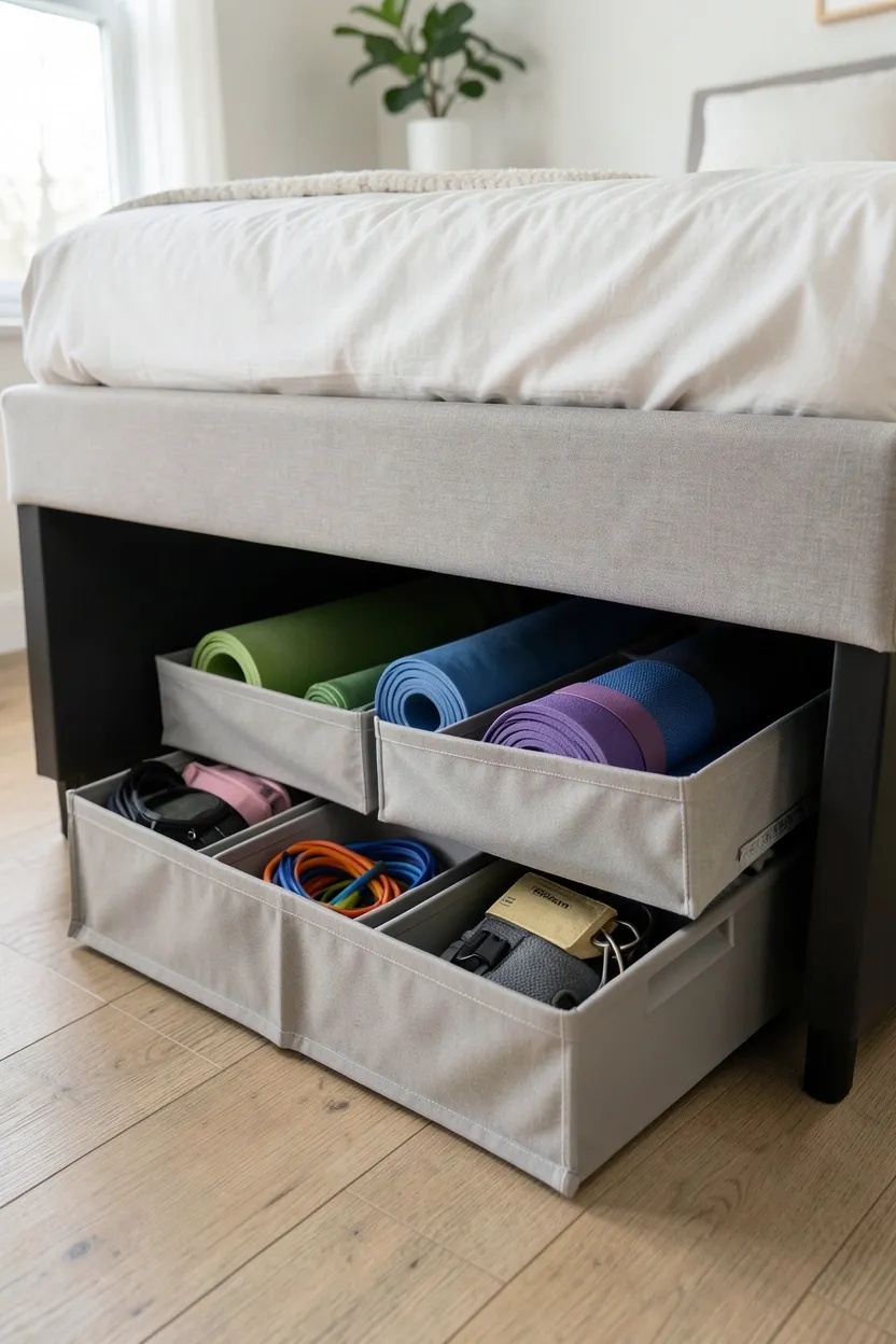 Low-profile rolling storage bins slid under a bed containing yoga mat and resistance bands — hidden home gym equipment storage for small apartments