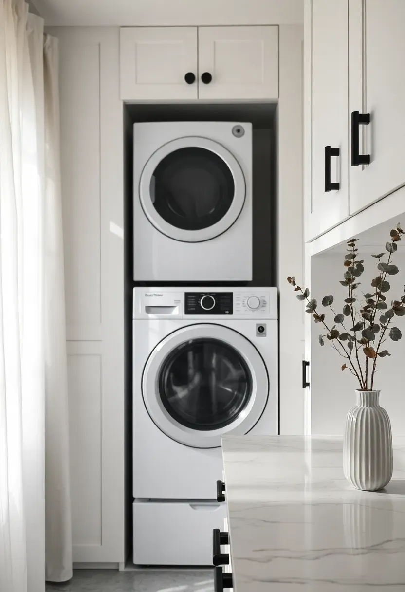 Modern laundry room with white shaker cabinets, matte black cup pulls and knobs, stacked washer dryer, and marble-look countertop
