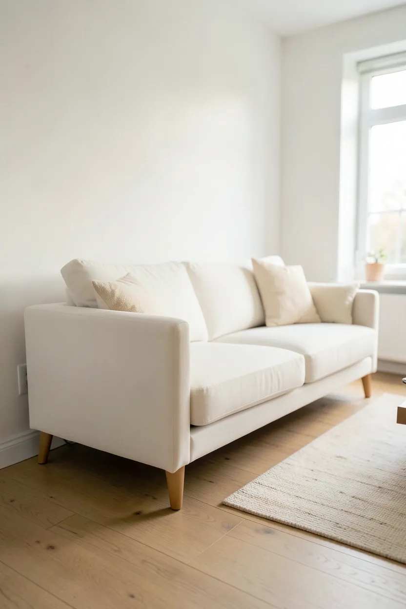 Low-profile cream sofa with clean lines and slender oak legs in a small Scandinavian apartment living room