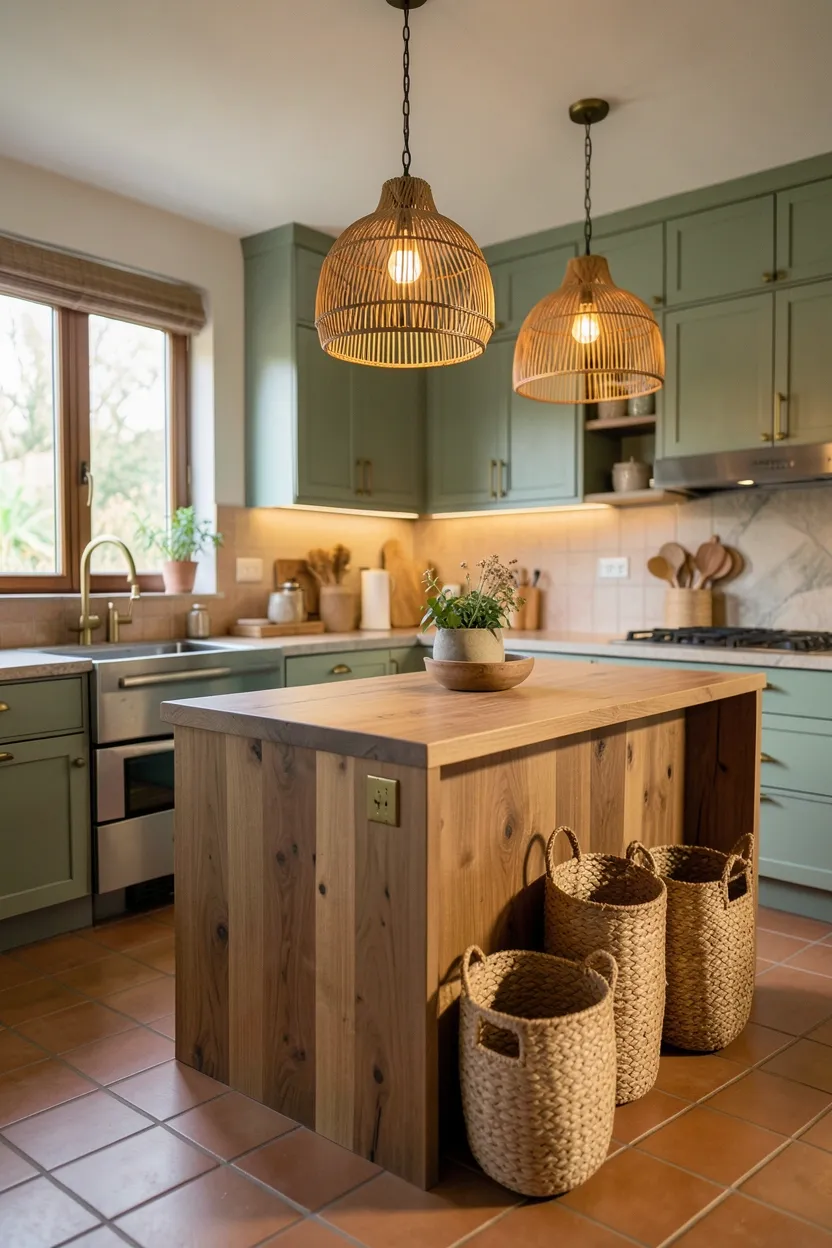 Richly layered modern boho kitchen combining rattan, terracotta, natural wood, woven jute, and brass for an authentic eclectic look