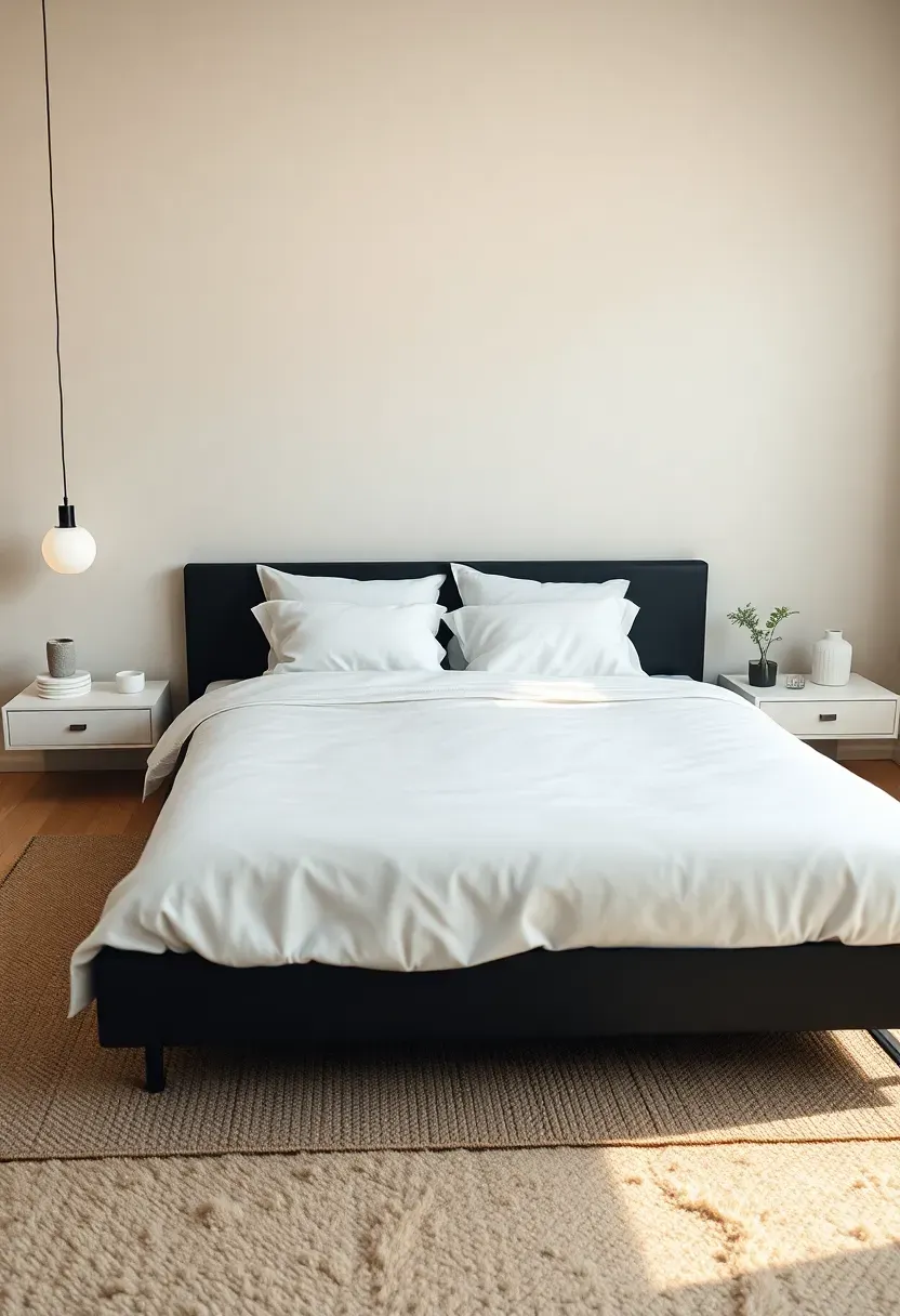 Low black platform bed with floating white nightstands