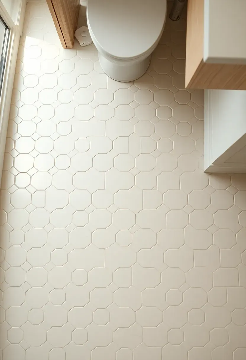 Hyper-realistic overhead view of white hexagonal floor tiles with light grey grout, partially visible light oak vanity and toilet. Materials: glossy porcelain hexagonal tiles, light grey grout, white oak vanity base, white wall paint. Warm low diffused window light, creamy neutrals with soft cool grey accents. Clean modern mood, sharp focus on tile pattern, soft shadows from vanity edge. No text, no logos.</p>