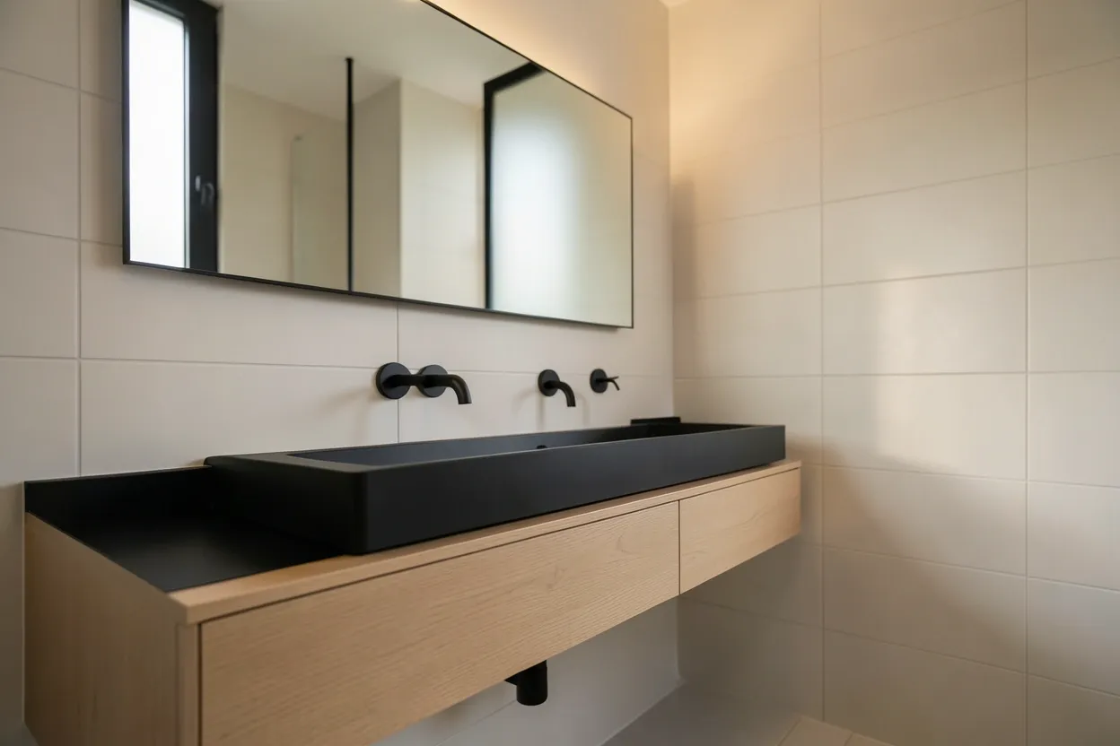 Modern bathroom with matte black fixtures, floating vanity, and large format tiles — contemporary decor ideas to elevate a rental or small space