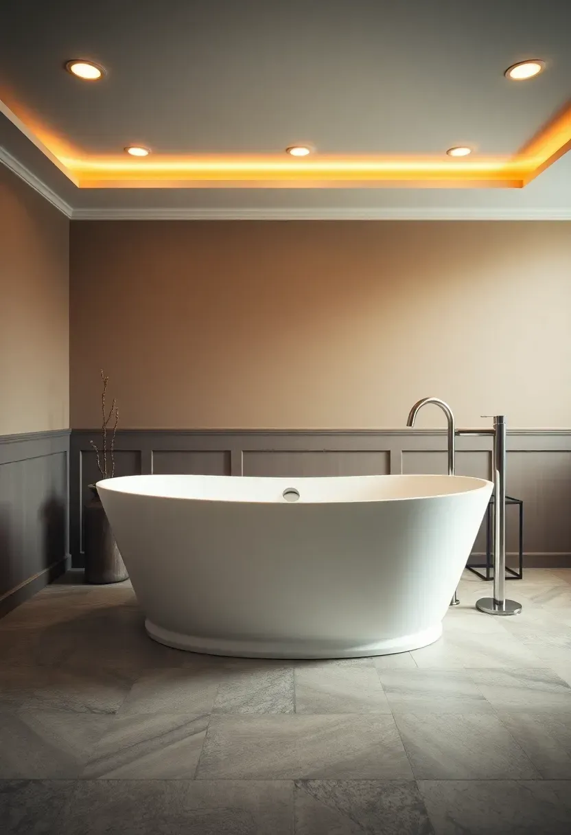 Freestanding oval soaking tub in a spacious finished basement bathroom with stone-look tile floor and warm lighting