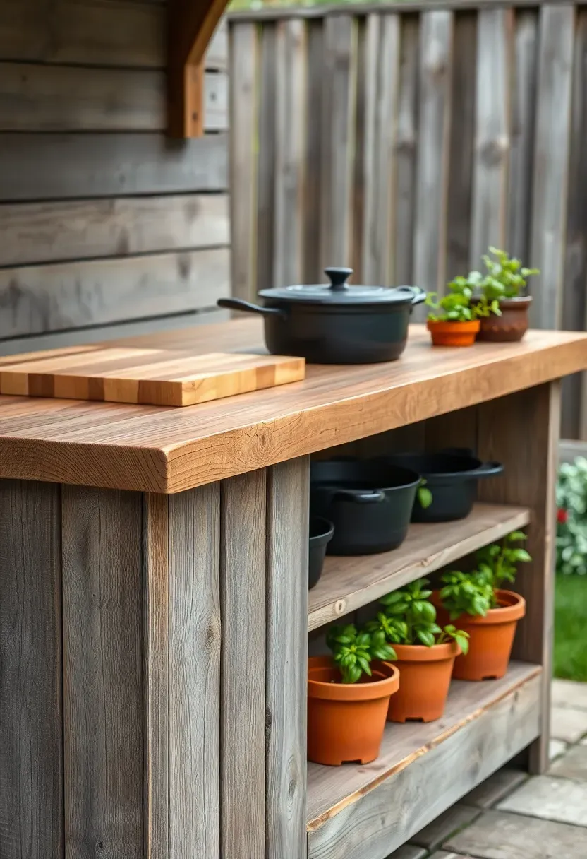 Reclaimed barn wood outdoor prep counter with a butcher block top, lower shelf holding cast iron pans, and herb pots along the back edge