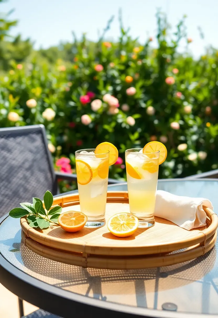 Thick-rimmed distressed round wooden tray with a mason jar soy candle, woven coaster, and small tied bundle of dried lavender on a farmhouse coffee table