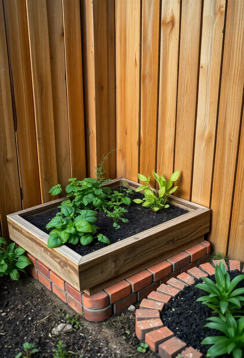 L-shaped raised garden bed built from wood in a backyard corner, planted with herbs and leafy greens, with a brick edging path wrapping around the exterior