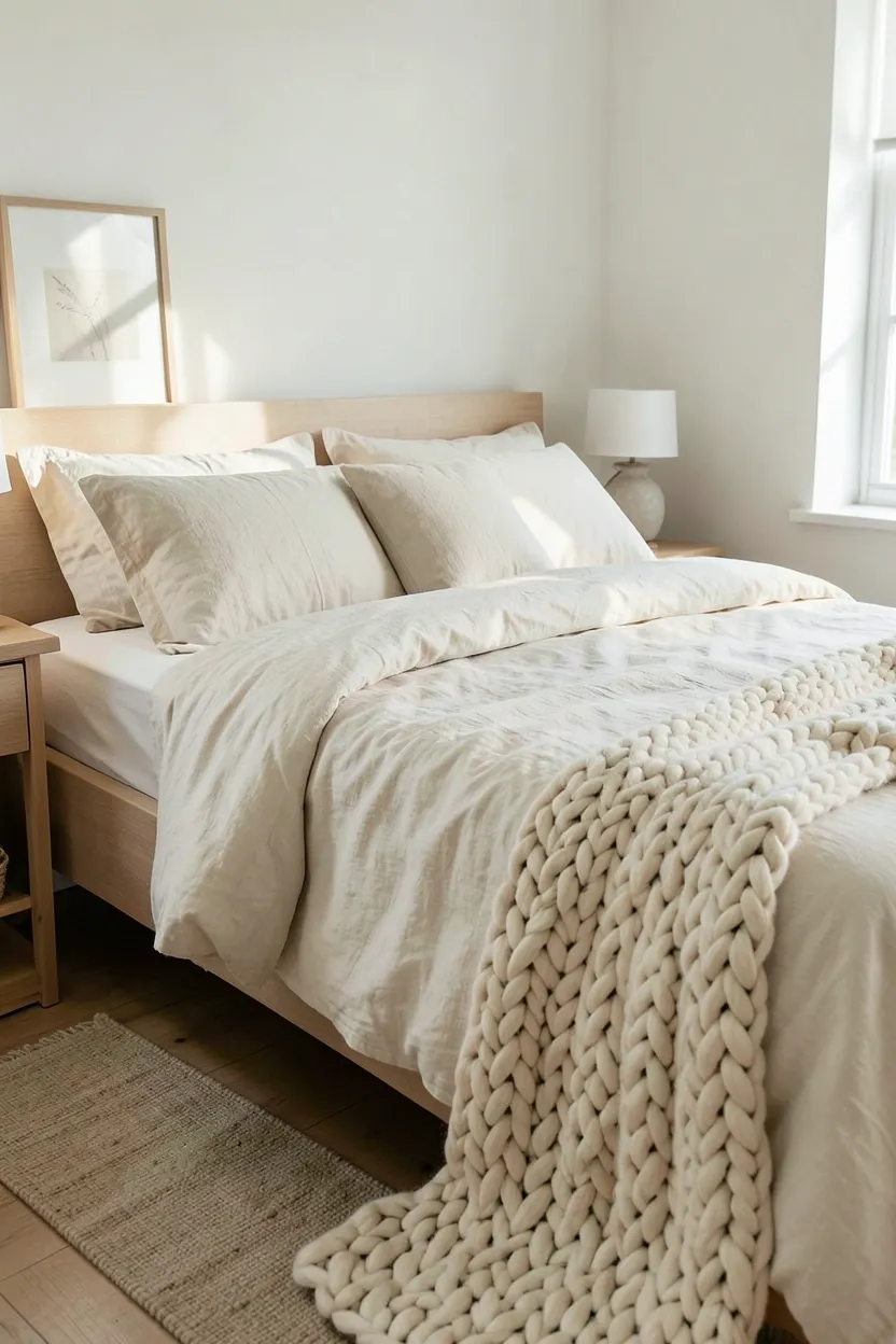 Cream linen bedding layered with a chunky knit throw and faux fur pillows in a scandinavian farmhouse bedroom