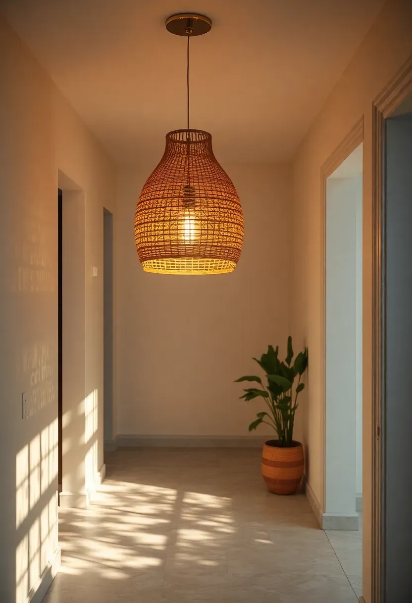 Woven rattan pendant light casting dappled warm shadows in apartment entryway