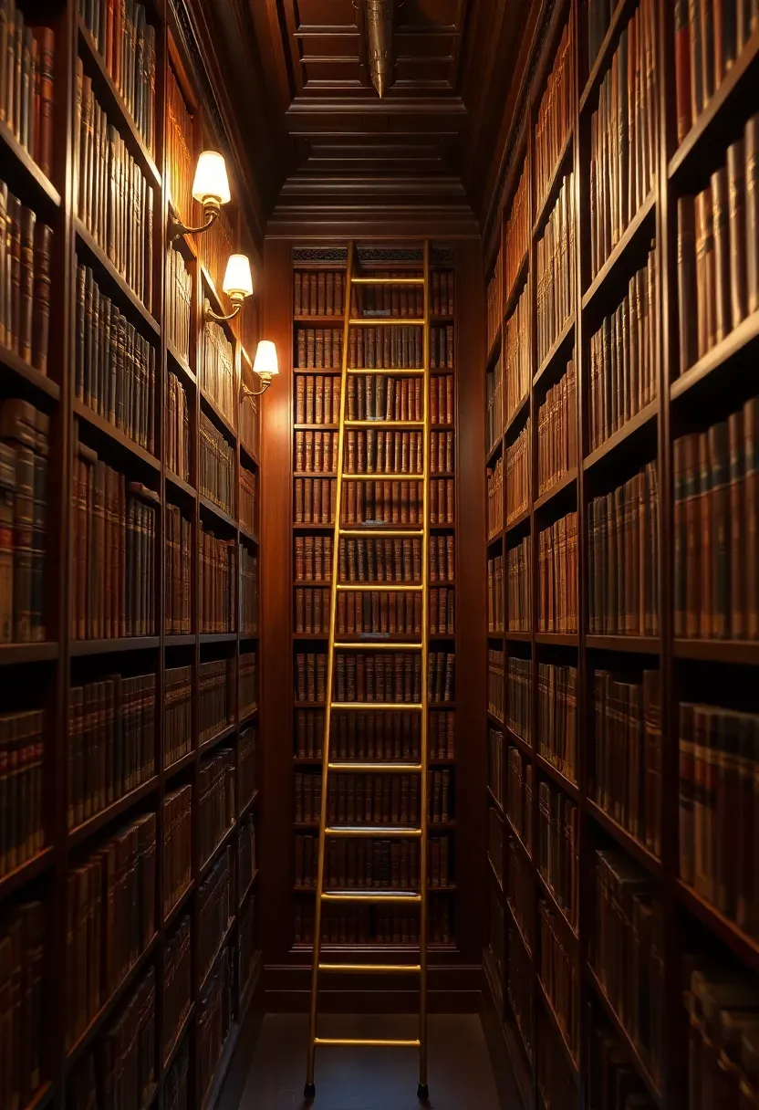 Hyper-realistic 3/4 view of a library wall with brass rolling ladder on a track system. Dark mahogany floor-to-ceiling bookshelves filled with leather-bound books and antique bookends, brass ladder with leather-padded rungs. Materials: mahogany wood, solid brass, leather. Warm ambient lighting from library sconces, creating rich wood tones and brass reflections. Sophisticated traditional mood like an Oxford college library. Shallow depth of field, sharp ladder details, visible book bindings, elegant composition.</p>