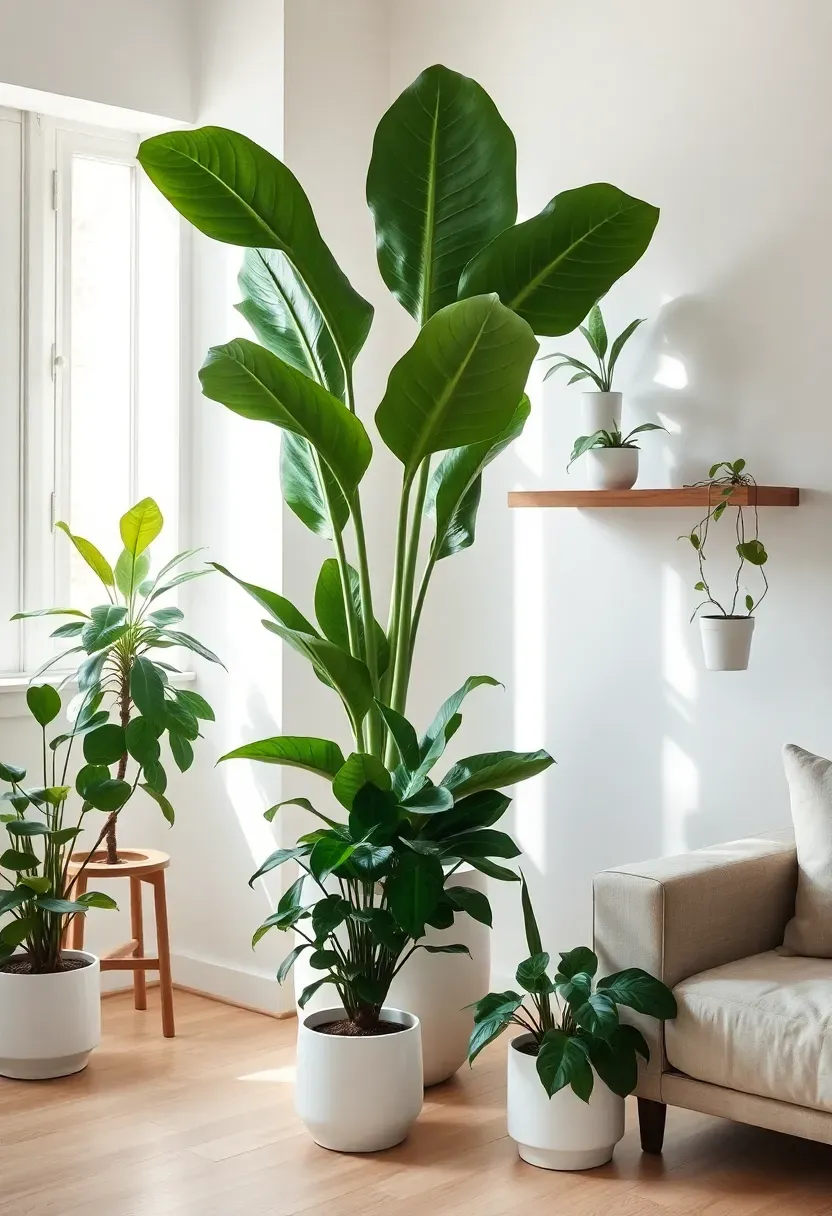 Hyper-realistic 3/4 view of minimalist living room with strategically placed indoor plants integrated as design elements. Materials: large fiddle leaf fig in white ceramic pot (6ft tall), smaller snake plant on floating shelf, hanging pothos in corner, medium monstera on floor. Simple white planters throughout for consistency. Plants positioned with breathing room, not crowded. Natural light from windows filtering through plant leaves. Light wood floor, white walls, simple furniture. Sharp focus on plant health and placement. Visible room context showing plants as intentional design elements. No text, no logos, no watermarks.</p>