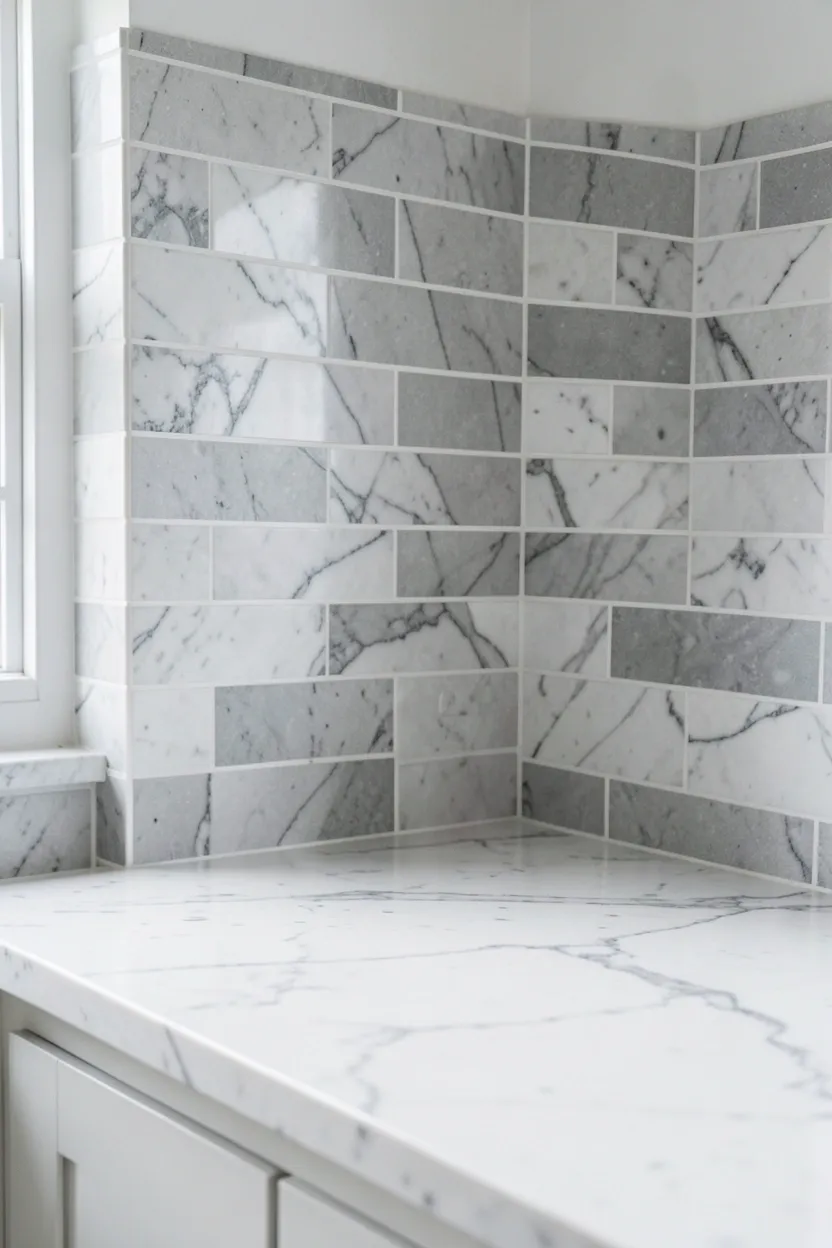 White marble countertops with gray veining paired with a matte gray tile backsplash in a bright modern kitchen
