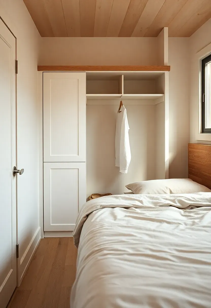 Hyper-realistic 3/4 view of a tiny house bedroom with shallow closet cabinet behind bed headboard, hanging rod, built-in storage. Materials: white oak floor, matte white closet cabinet, linen bedding, oak headboard. Warm diffused window light, creamy neutrals with wood tones. Mood: clever, organized, compact. Shallow depth of field, sharp details, balanced composition, soft shadows, visible room context. No text, no logos, no watermarks.</p>