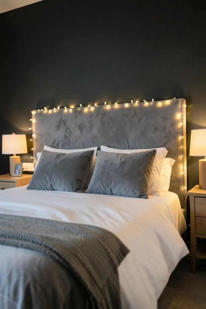 Hyper-realistic eye-level photograph of a bedroom with a large upholstered grey headboard outlined with warm white fairy lights along the top edge. White bedding with grey throw pillows, wooden nightstands with lamps. Dark wall background. Warm ambient lighting from room and fairy lights. Materials: grey velvet, warm LED lights, white cotton, natural wood. Modern cozy mood. Shallow depth of field, sharp details on headboard texture and light glow. No text, no logos, no watermarks.</p>