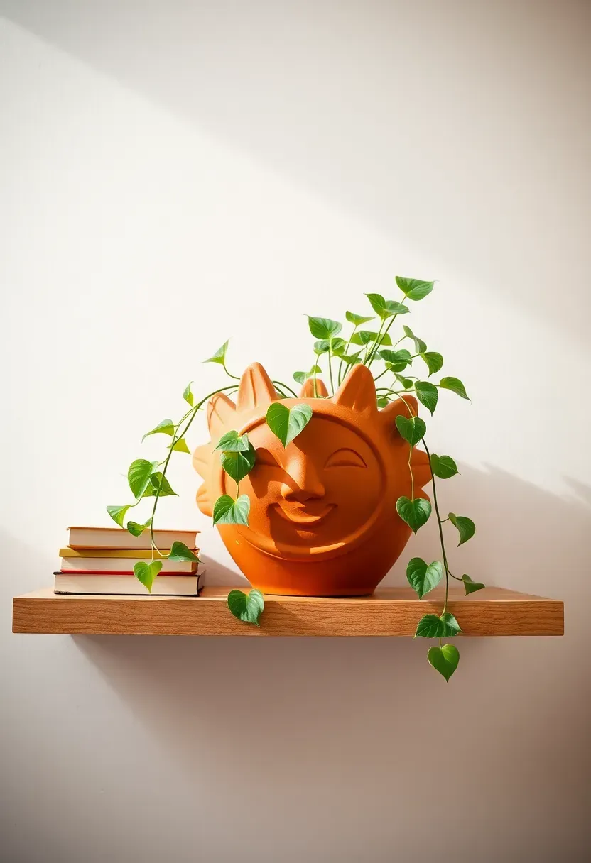 Terracotta planter shaped like a smiling sun face holding a trailing pothos plant on a wooden shelf
