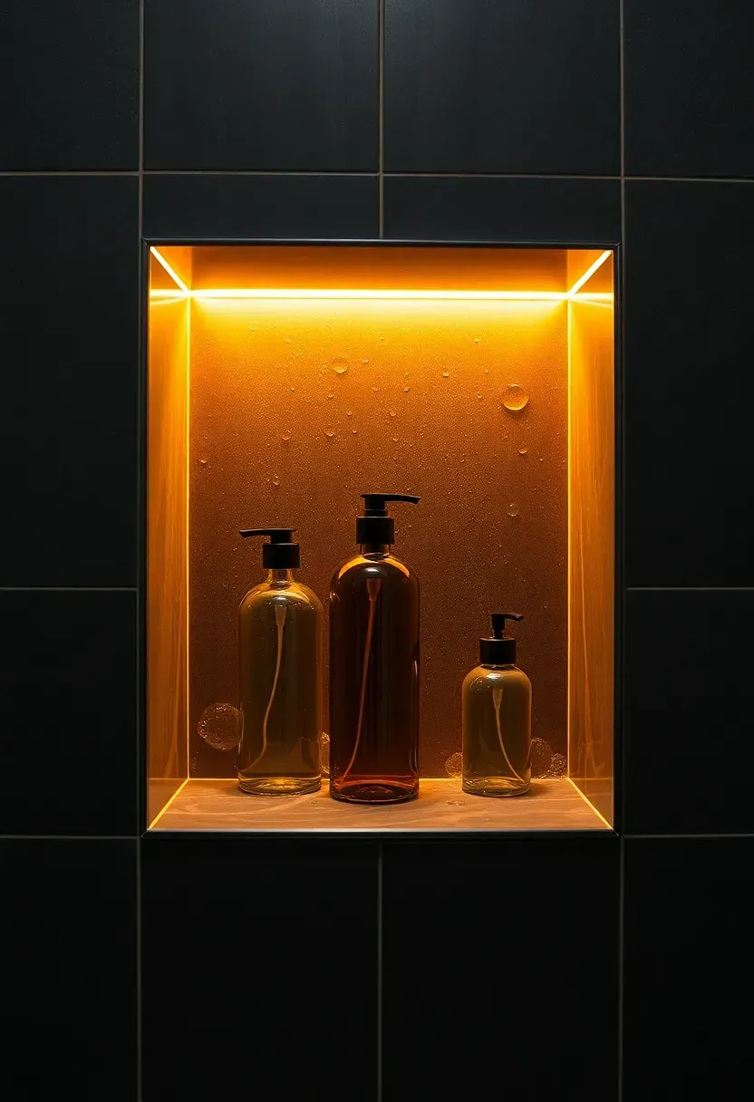 Built-in shower niche illuminated by a warm LED strip inside it displaying shampoo bottles against textured gray tile