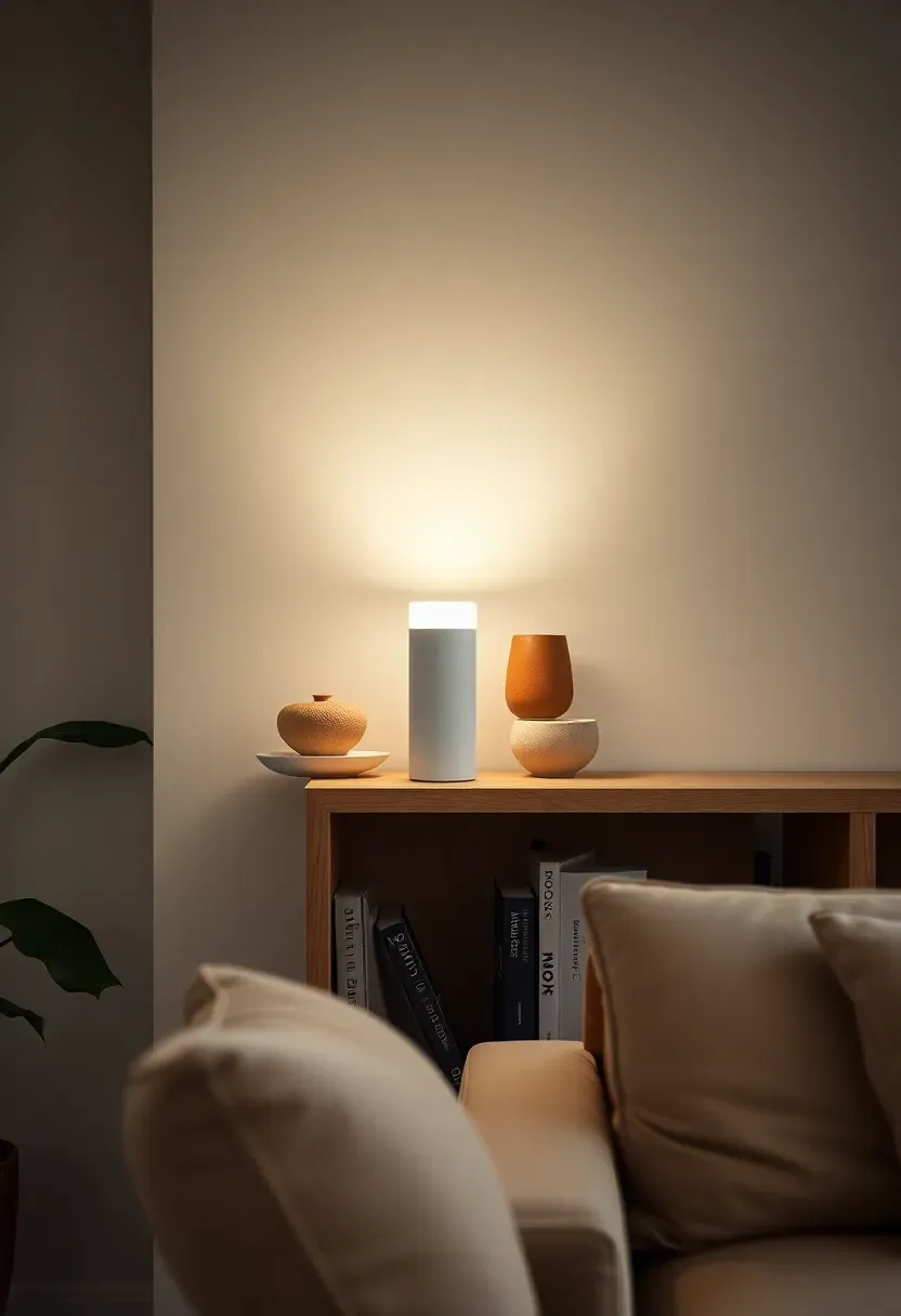 Hyper-realistic 3/4 view of minimalist living room featuring portable battery-powered accent light. Small cylindrical matte white fixture approximately 8 inches tall positioned on light oak shelving unit. Warm white LED glow emanating from diffuser top creating accent illumination for displayed ceramics and books. No visible cords or wiring. Clean minimalist design blending with shelf contents. Cream sofa nearby. Materials: matte white metal housing, rechargeable battery, LED diffuser. Portable flexibility. Shallow depth of field, sharp details on fixture design and light quality. No text, no logos, no watermarks.</p>