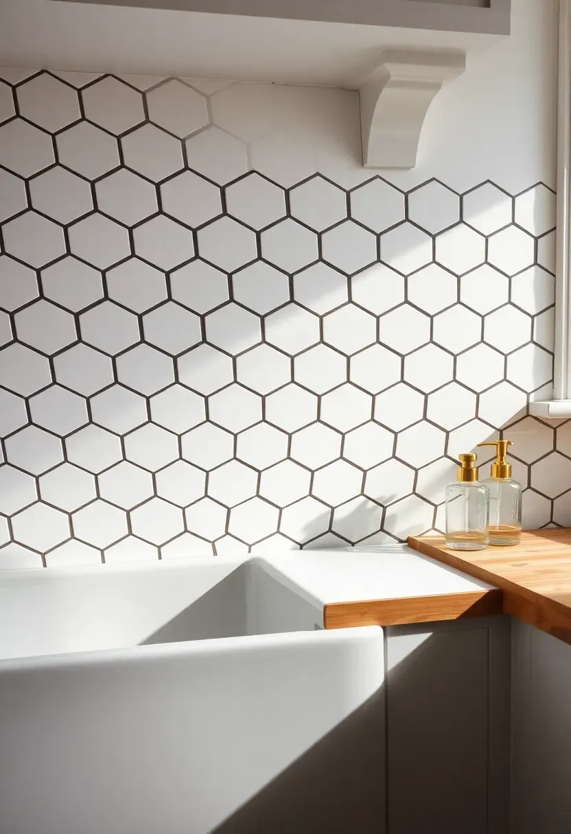 hexagonal tile backsplash in matte white with dark grout lines creating a honeycomb pattern
