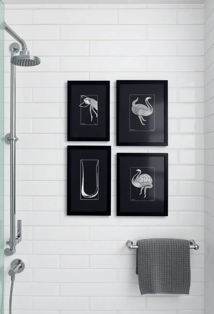 Three black framed line drawings hung against a white subway tile bathroom wall with a chrome shower fixture and a folded gray towel