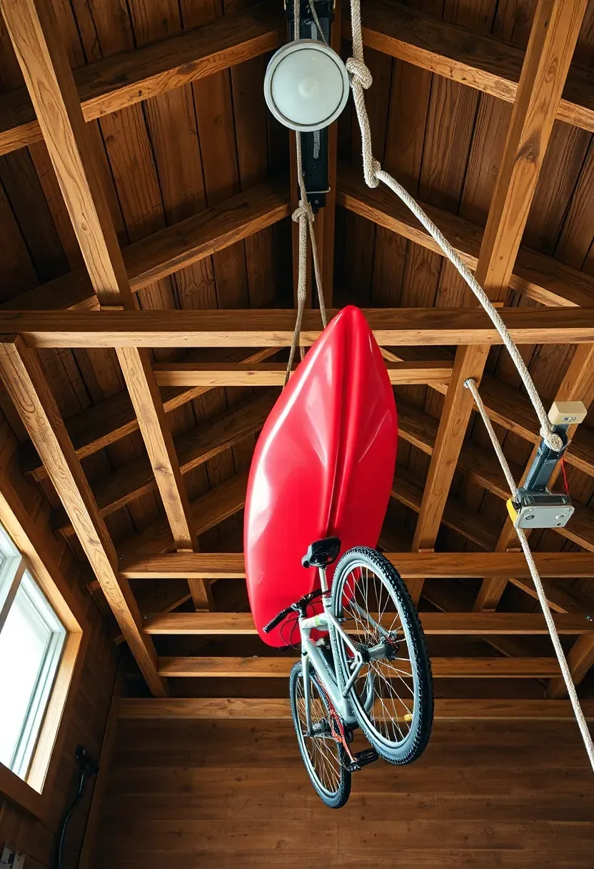 Garage with open rafters used for storage showing rope and pulley systems holding kayaks, bicycles, and long boards overhead
