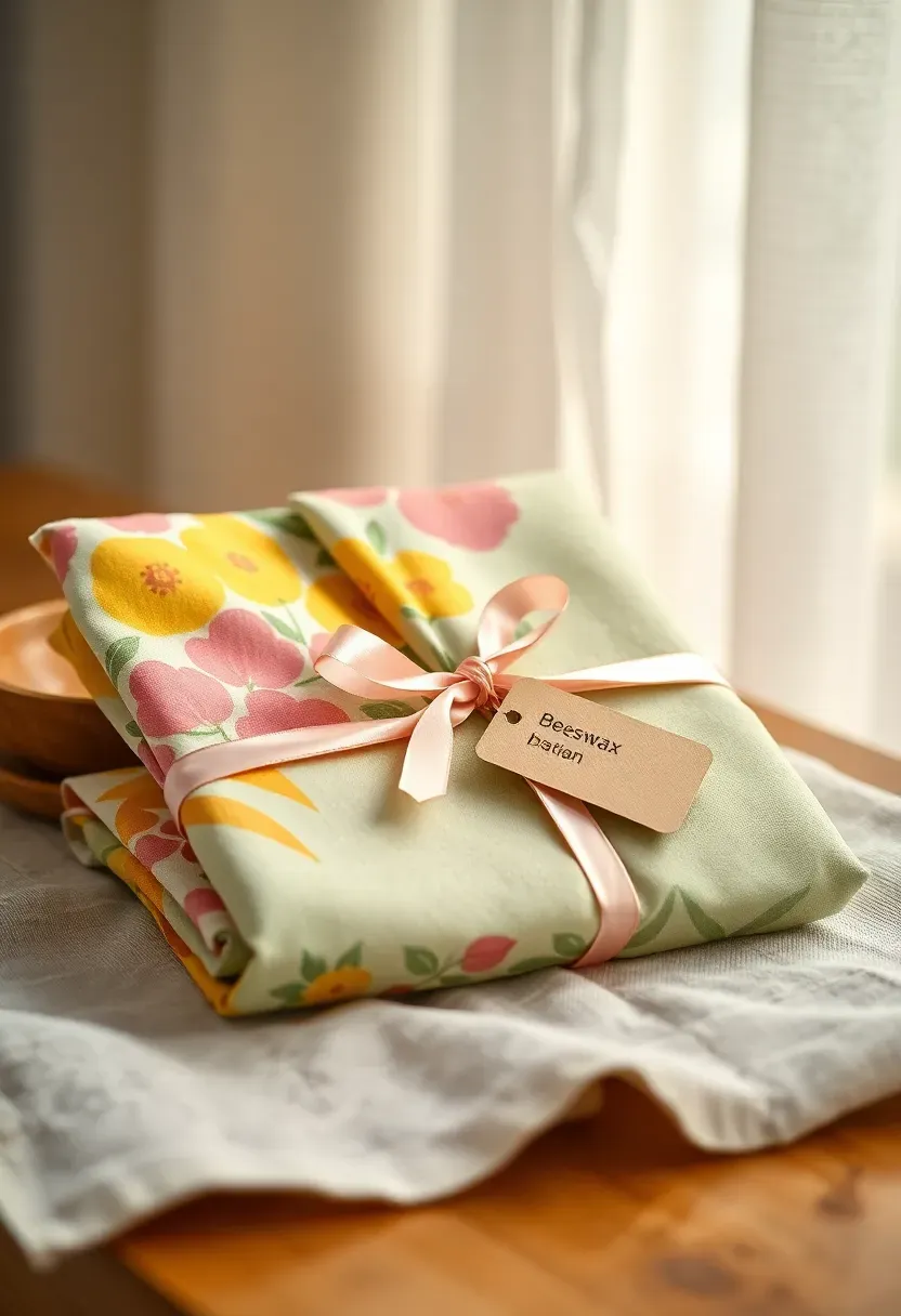 colorful beeswax wraps folded neatly with a ribbon and baby shower tag on a linen surface