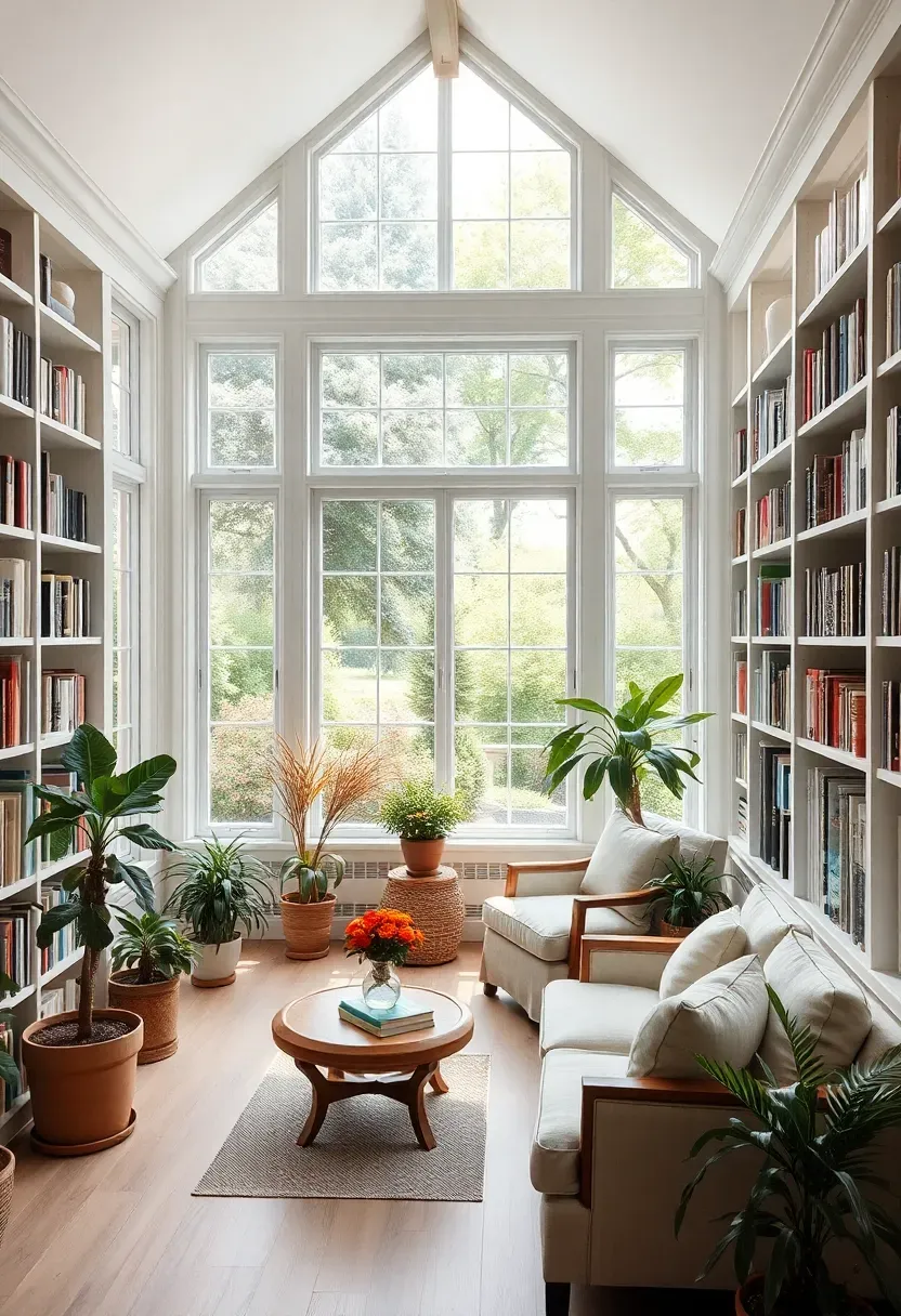 Hyper-realistic view of sunroom library with floor-to-ceiling windows, white bookshelves, comfortable seating, plants, garden views visible through glass. Materials: white painted shelves, mixed books, linen upholstery, potted plants, light wood floor. Abundant natural daylight (soft morning light), minimal shadows. Airy composition, sharp details on books and plants, serene uplifting mood, garden visible through windows. No text, no logos, no watermarks.</p>