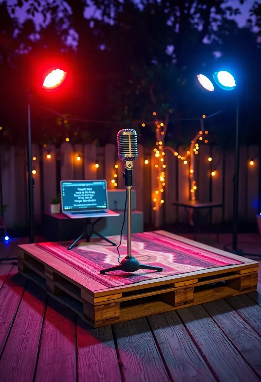 Outdoor karaoke setup in a backyard with a small stage made from pallets, a microphone stand, a screen showing lyrics, and colorful lights