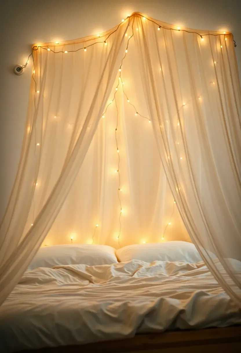 Warm white LED string light canopy draped across a teen bedroom ceiling creating a cozy starlit atmosphere for studying and relaxing