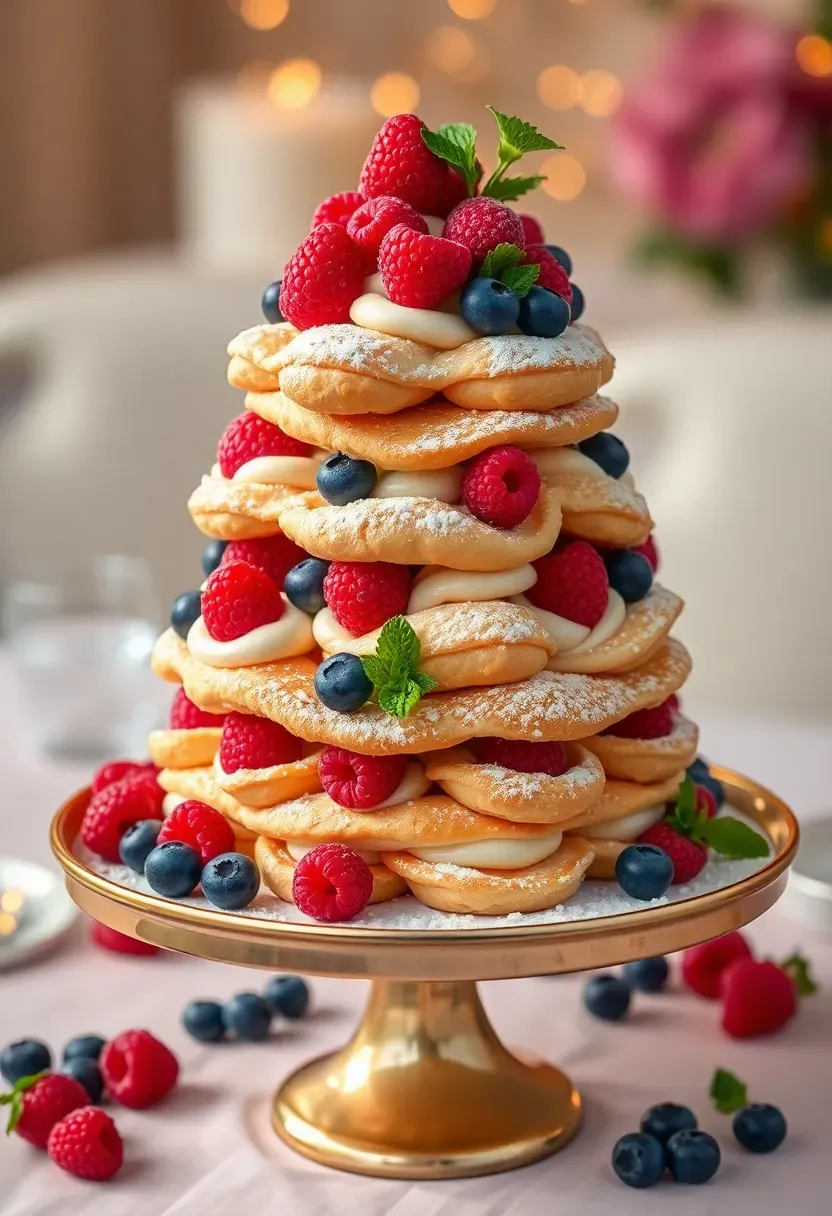 elegant berry cream puff tower on a gold cake stand with pastry cream filled choux buns topped with fresh raspberries and blueberries