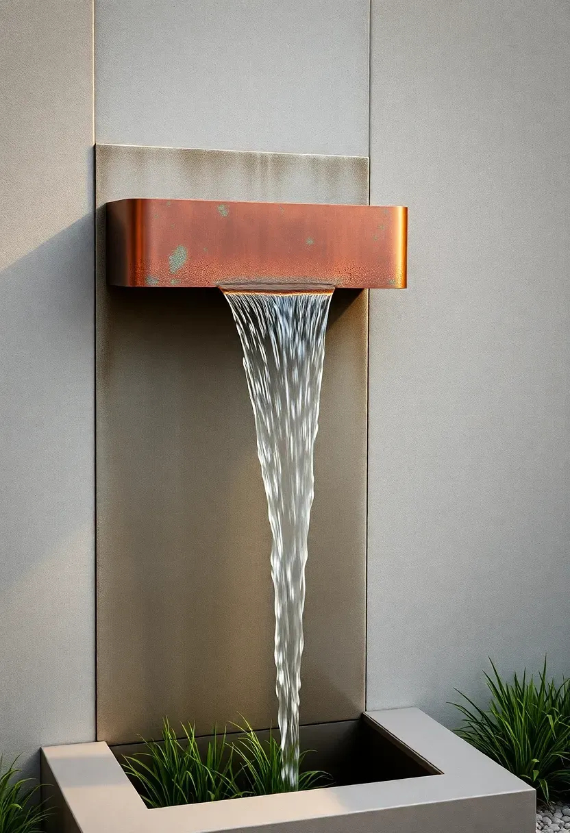A copper sheer descent wall fountain mounted on a modern concrete wall with water falling into a narrow trough below